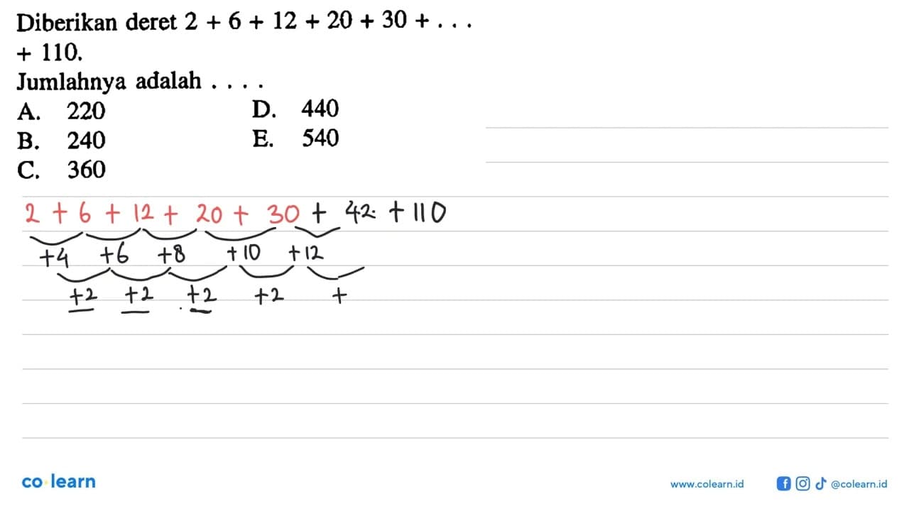 Diberikan deret 2+6+12+20+30+... +110 . Jumlahnya adalah