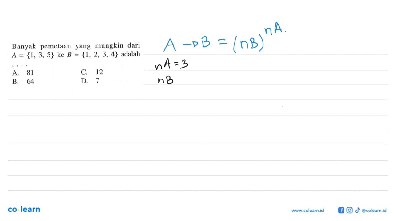 Banyak pemetaan yang mungkin dari A ={1,3, 5} ke B= {1,2,