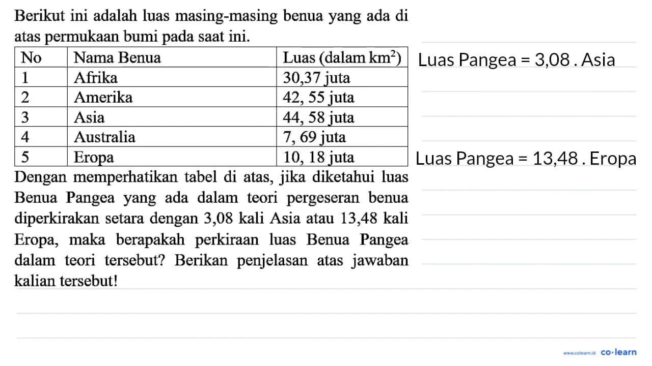 Berikut ini adalah luas masing-masing benua yang ada di