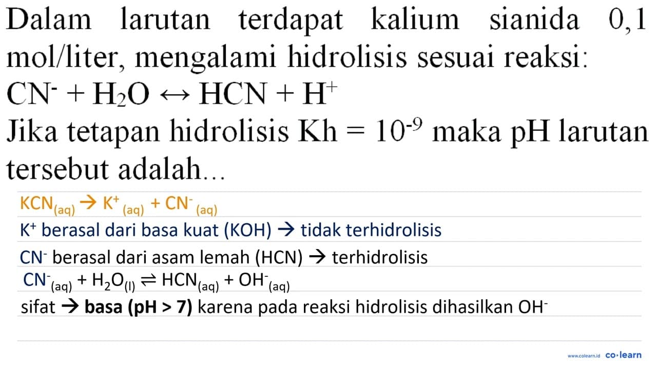 Dalam larutan terdapat kalium sianida 0,1 mol / liter ,