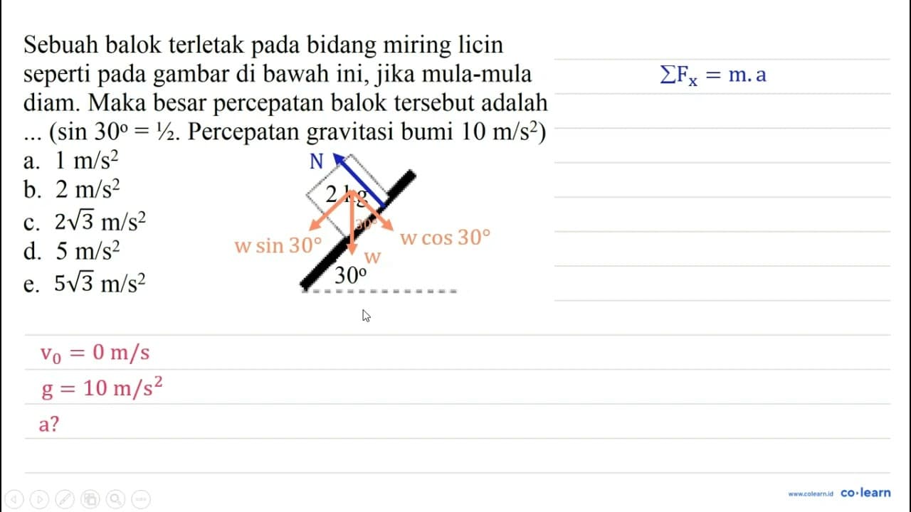 Sebuah balok terletak pada bidang miring licin seperti pada