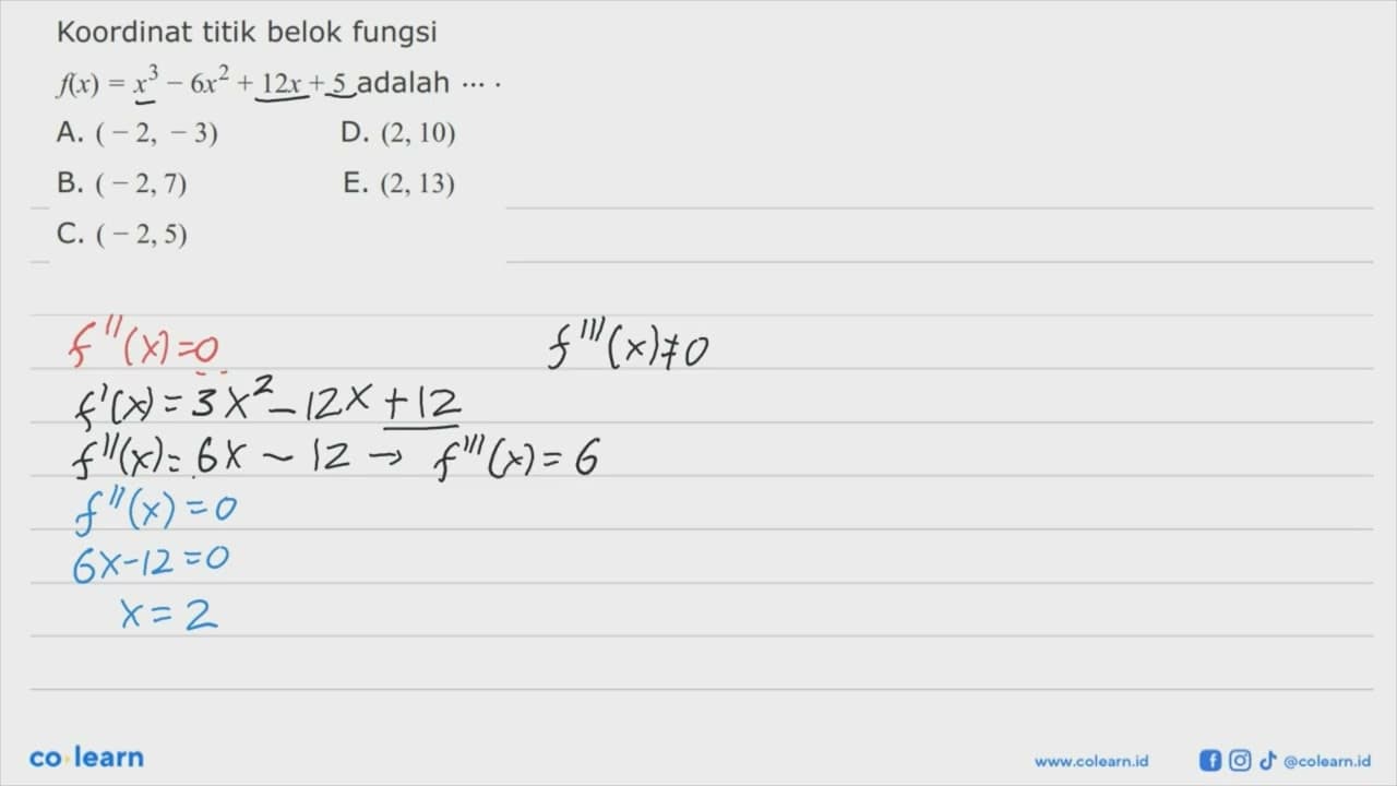 Koordinat titik belok fungsi f(x)=x^3-6x^2+12x+5 adalah ...