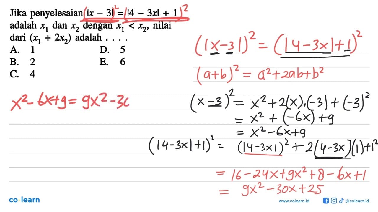 Jika penyelesaian |x-3|=|4-3x|+1 adalah x1 dan x2 dengan