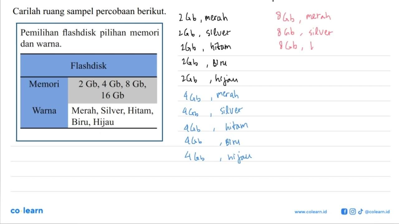 Carilah ruang sampel percobaan berikut. Pemilihan flashdisk