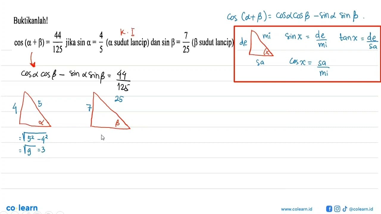 Buktikanlah! cos(a+b)=44/125 jika sin a=4/5 (alpha sudut