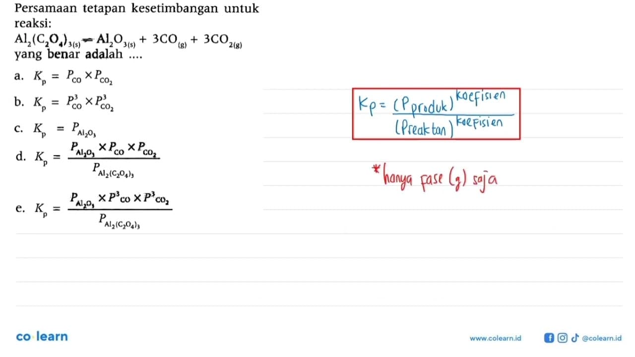 Persamaan tetapan keseimbangan untuk reaksi Al2(C2O4)3(s)