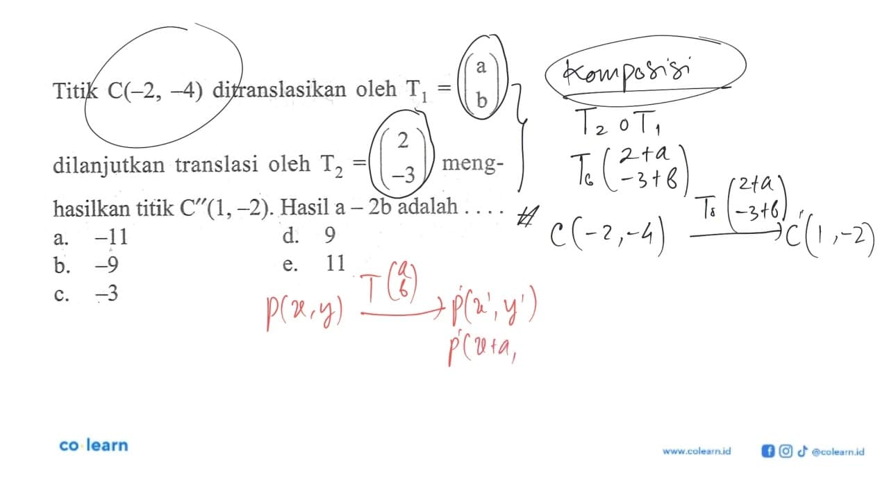 Titik C(-2, -4) ditranslasikan oleh T1 = (a b) dilanjutkan