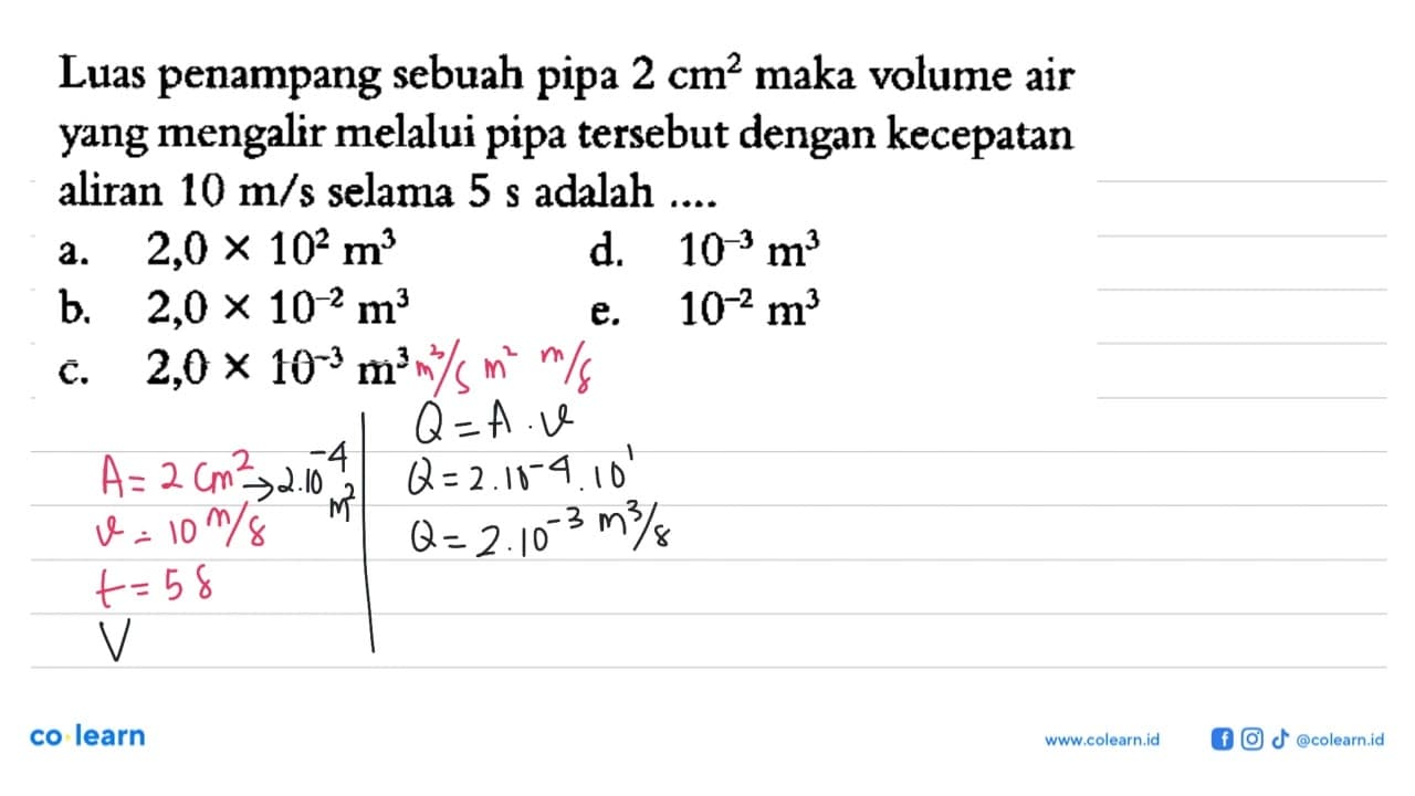 Luas penampang sebuah pipa 2 cm^2 maka volume air yang