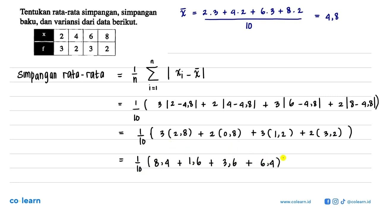 Tentukan rata-rata simpangan, simpangan baku, dan variansi