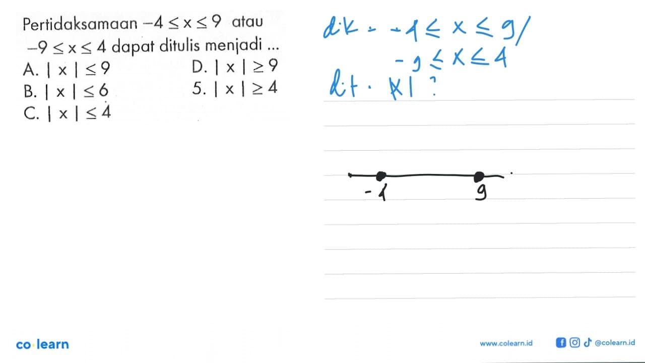 Pertidaksamaan -4<=x<=9 atau -9<=x<=4 dapat ditulis menjadi