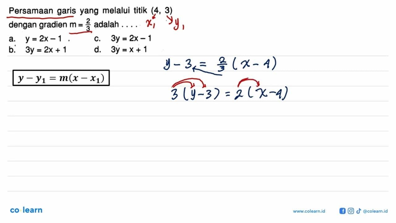 Persamaan garis yang melalui titik (4, 3) dengan gradien