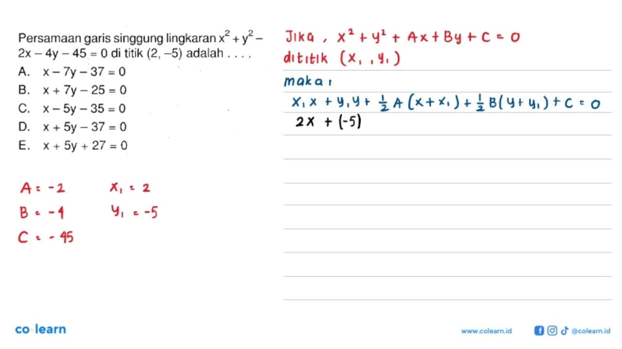 Persamaan garis singgung lingkaran x^2+y^2-2x-4y-45=0 di