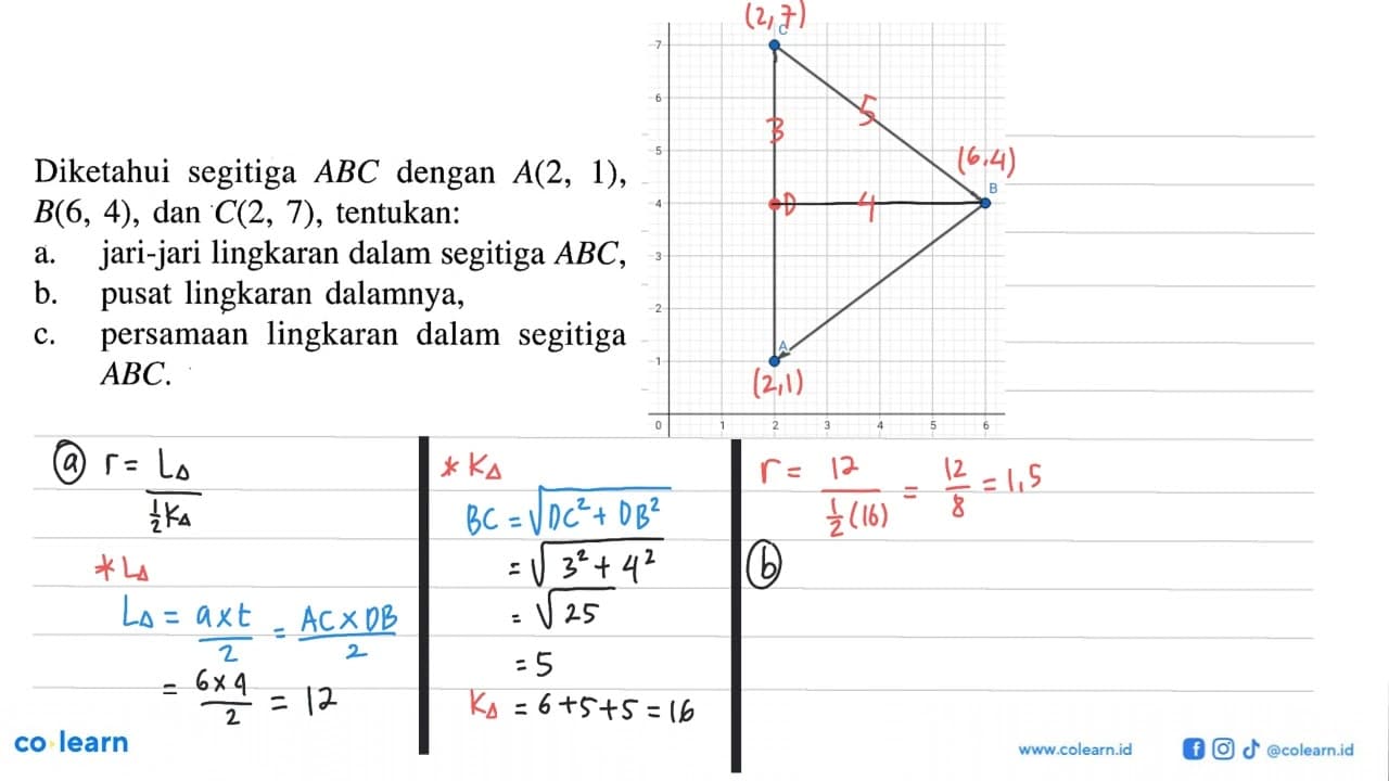 Diketahui segitiga ABC dengan A(2,1), B(6,4), dan C(2,7),