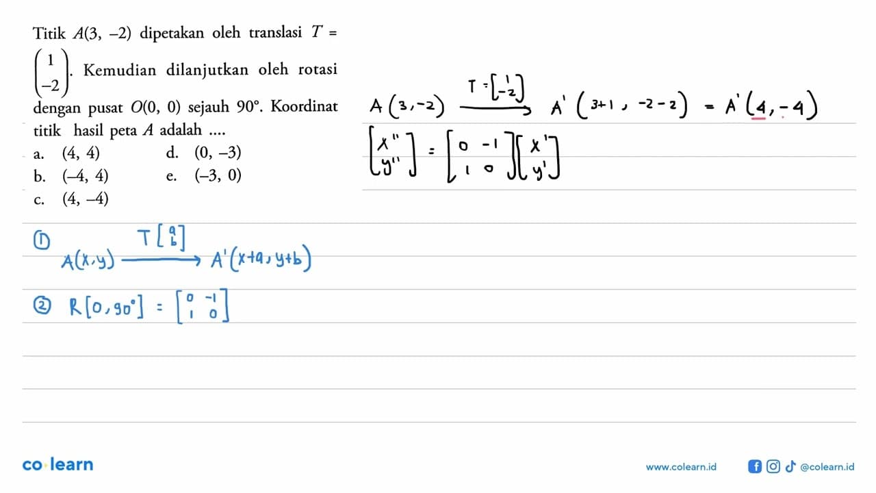 Titik A(3, -2) dipetakan oleh translasi T=(-1 2). Kemudian