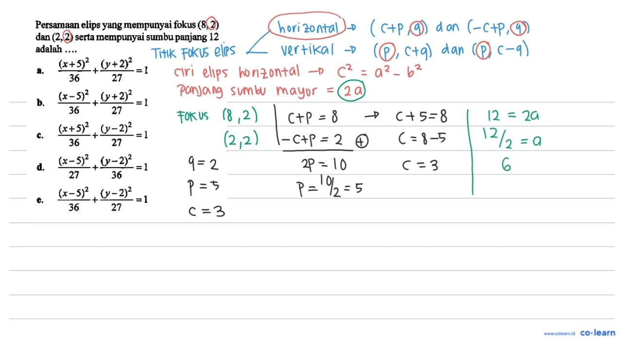 Persamaan elips yang mempunyai fokus (8,2) dan (2,2) serta
