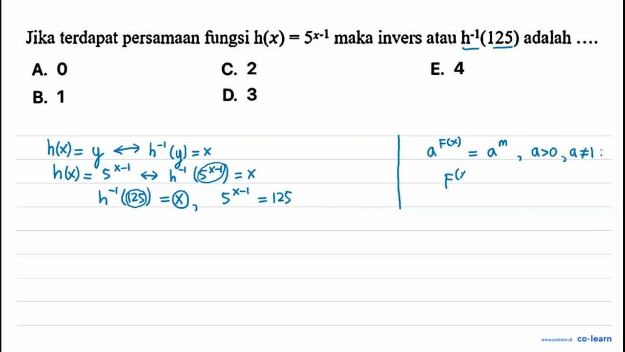 Jika terdapat persamaan fungsi h(x)=5^(x-1) maka invers