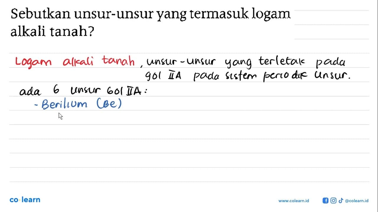 Sebutkan unsur-unsur yang termasuk logam alkali tanah?