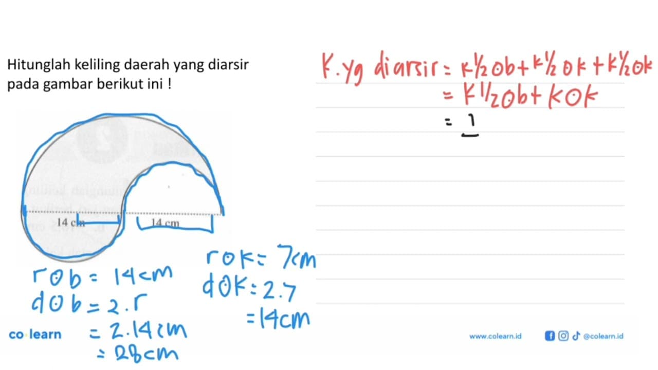 Hitunglah keliling daerah yang diarsir pada gambar berikut