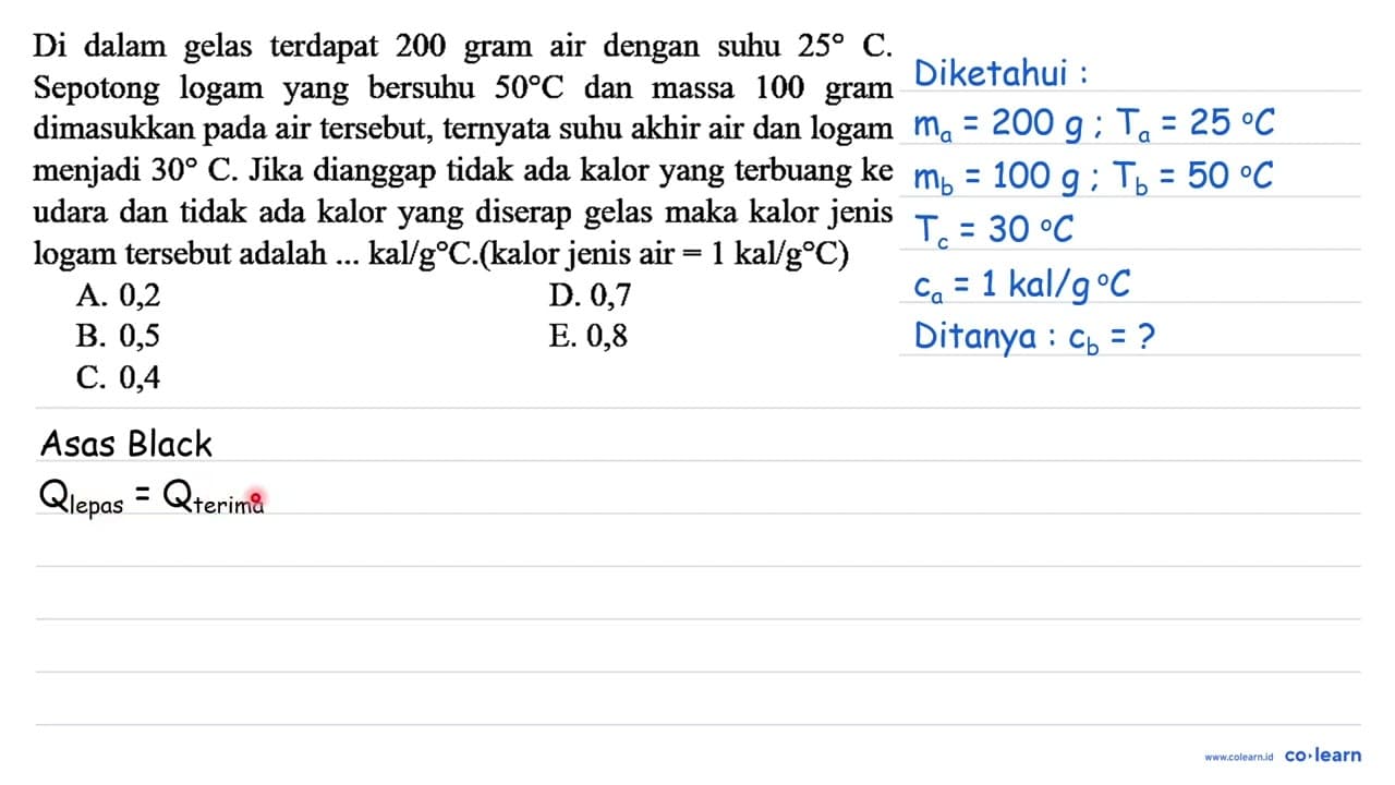 Di dalam gelas terdapat 200 gram air dengan suhu 25 C.