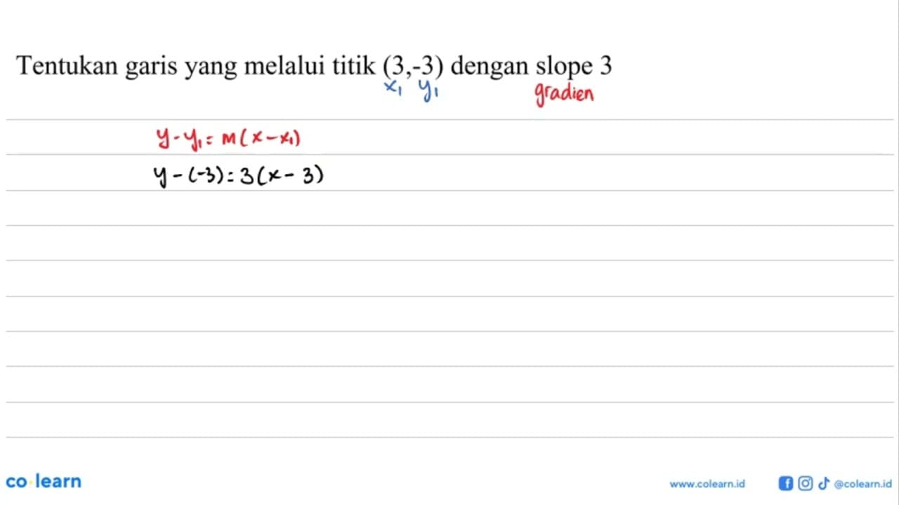 Tentukan garis yang melalui titik (3,-3) dengan slope 3