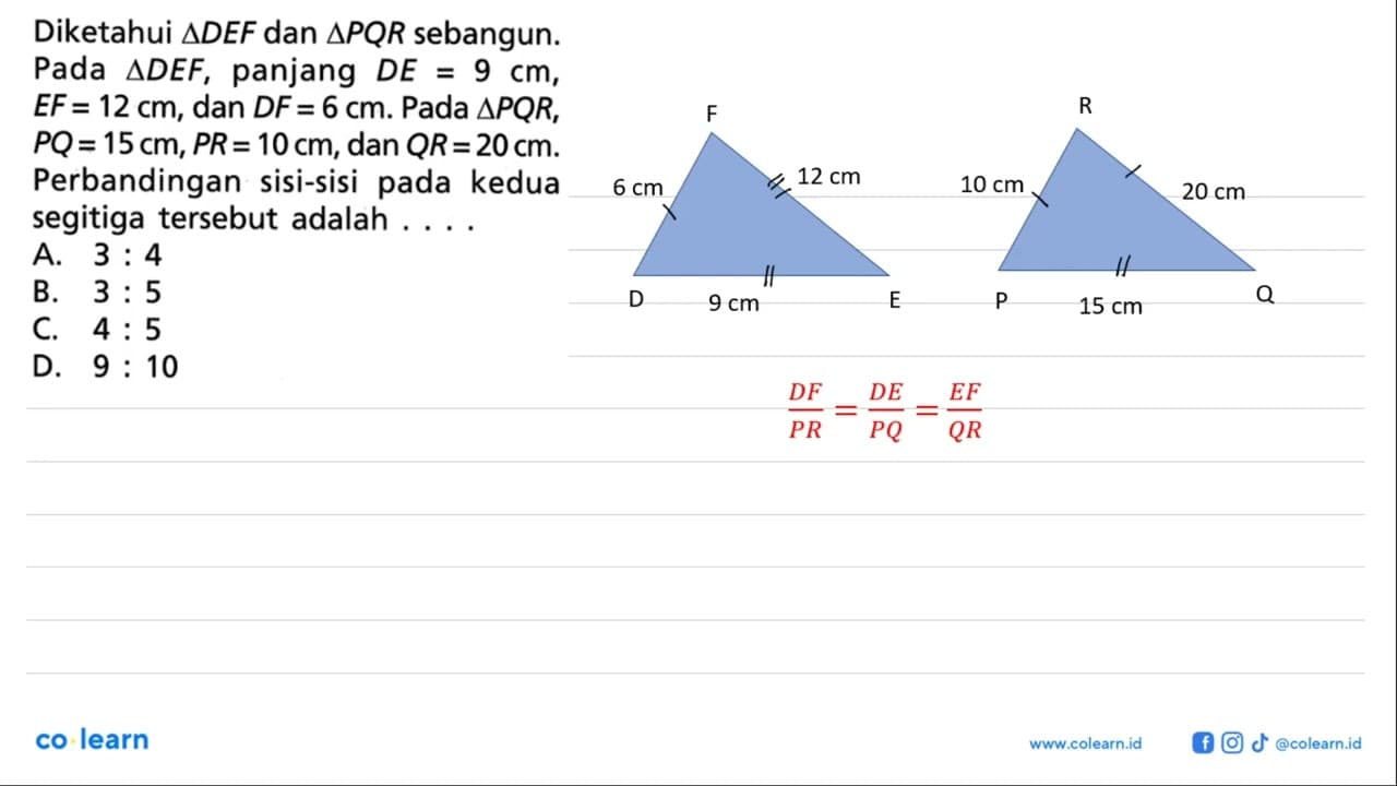 Diketahui segitiga DEF dan segitiga PQR sebangun. Pada