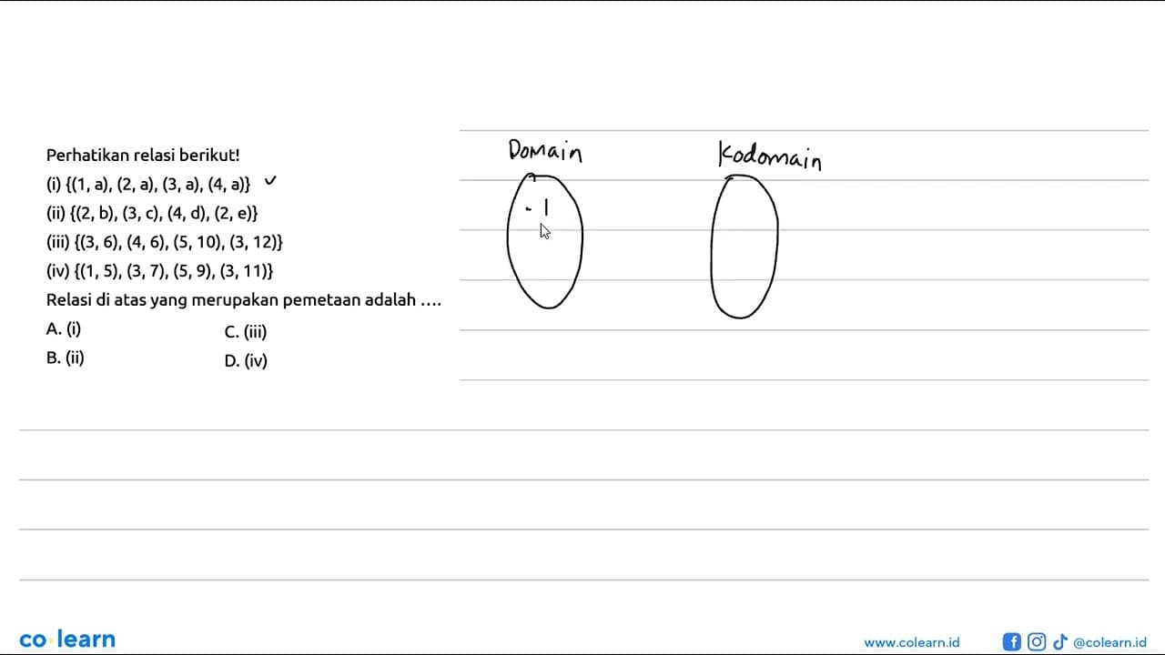 Perhatikan relasi berikut! (i) {(1, a), (2, a), (3,a),