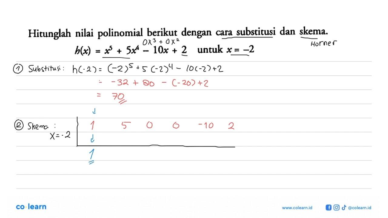 Hitunglah nilai polinomial berikut dengan cara substitusi