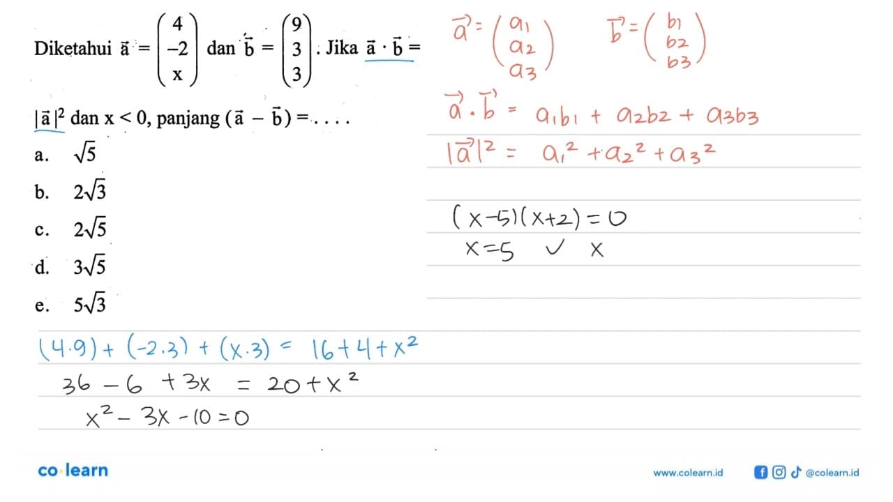 Diketahui vektor a=(4 -2 x) dan b=(9 3 3). Jika a.b=|a|^2