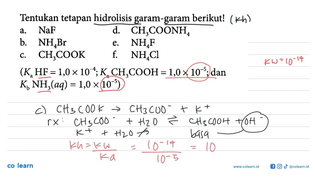 Tentukan tetapan hidrolisis garam-garam berikut! a. NaF d.