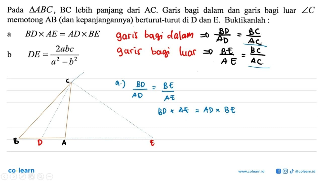 Pada segitiga ABC, BC lebih panjang dari AC. Garis bagi