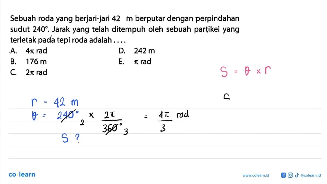 Sebuah roda yang berjari-jari 42 cm berputar dengan