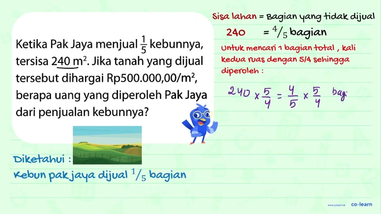 Ketika Pak Jaya menjual 1/5 kebunnya, tersisa 240 m^2. Jika