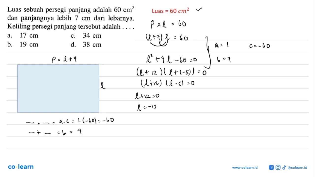 Luas sebuah persegi panjang adalah 60 cm^2 dan panjangnya