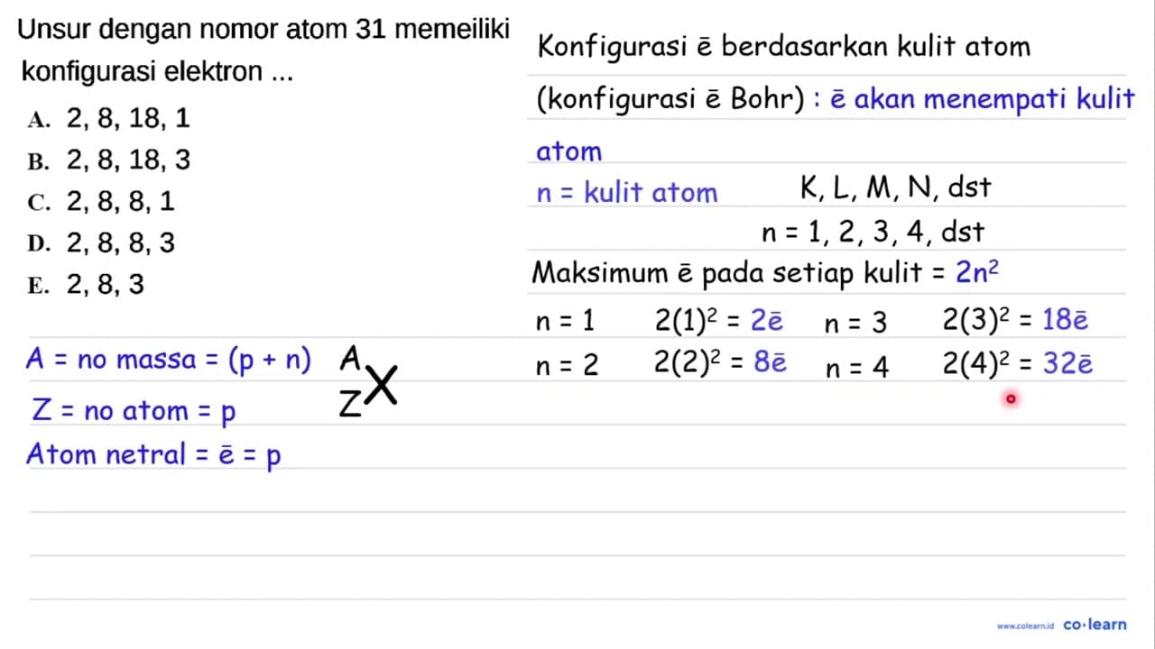 Unsur dengan nomor atom 31 memeiliki konfigurasi elektron