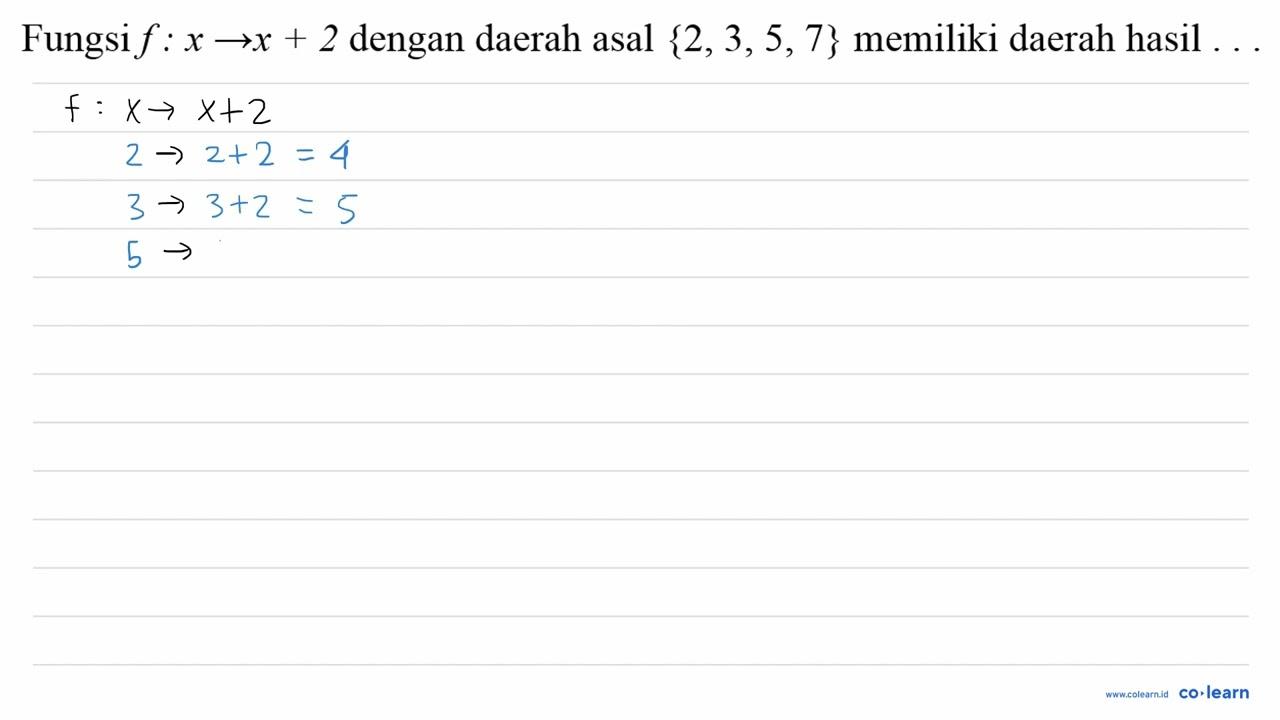 Fungsi f: x -> x+2 dengan daerah asal {2,3,5,7} memiliki