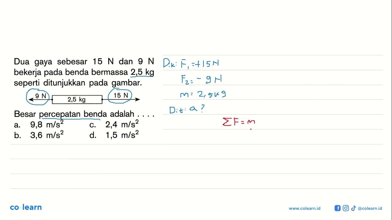 Dua gaya sebesar 15 N dan 9 N bekerja pada benda bermassa