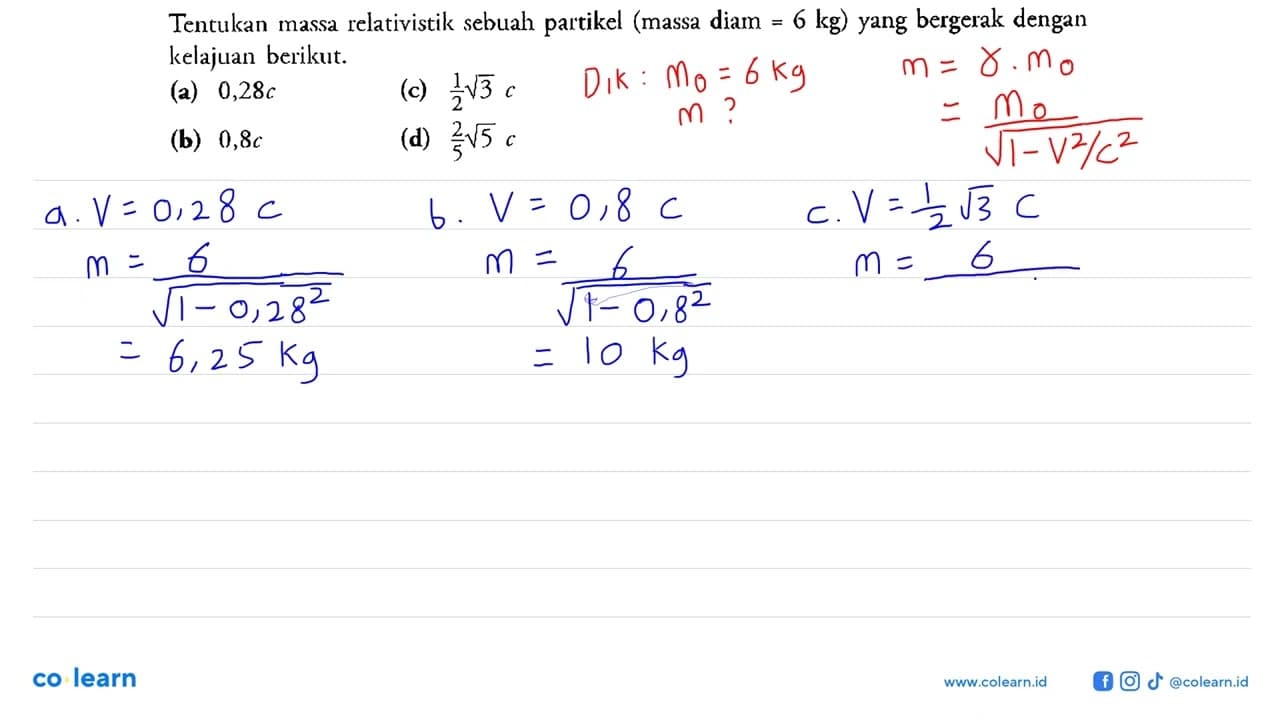 Tentukan massa relativistik sebuah partikel (massa diam =6