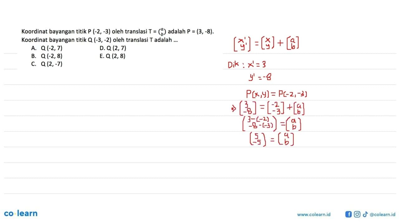 Koordinat bayangan titik P(-2,-3) oleh translasi T=(a b)