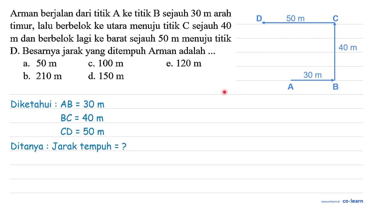 Arman berjalan dari titik A ke titik B sejauh 30 m arah