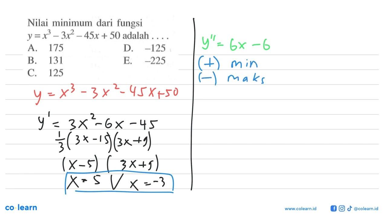 Nilai minimum dari fungsi y=x^3-3x^2-45x+50 adalah ....