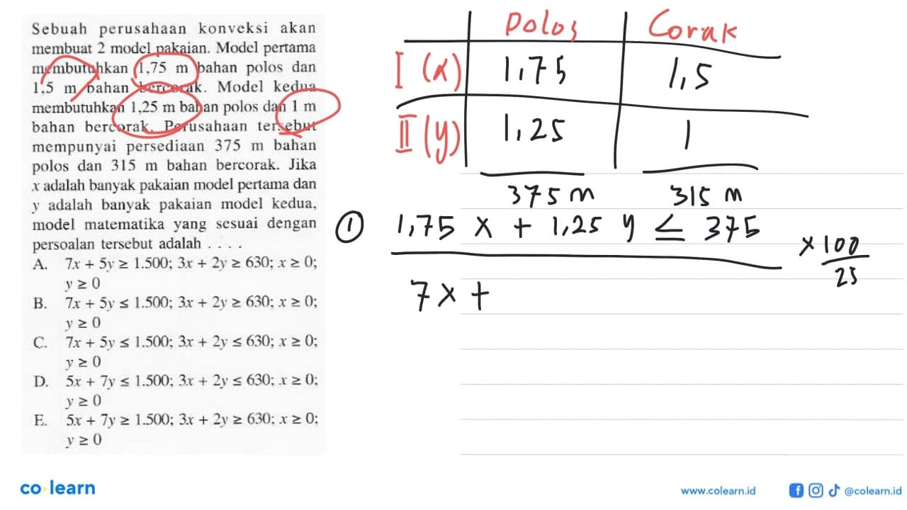 Sebuah perusahaan konveksi akan membuat 2 model pakaian.