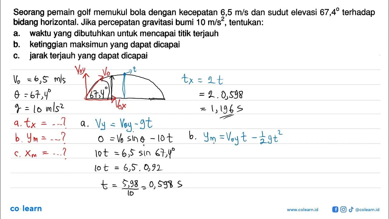 Seorang pemain golf memukul bola dengan kecepatan 6,5 m/s