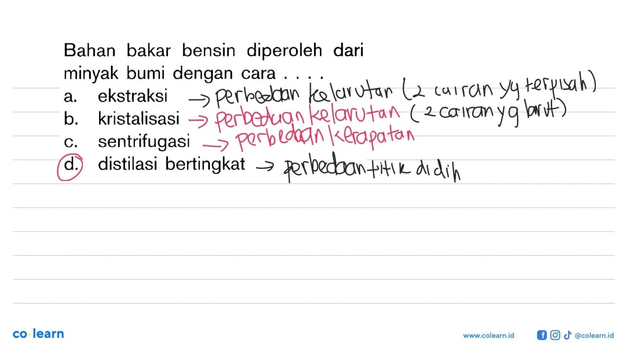 Bahan bakar bensin diperoleh dari minyak bumi dengan cara