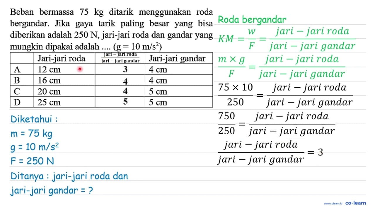 Beban bermassa 75 kg ditarik menggunakan roda bergandar.