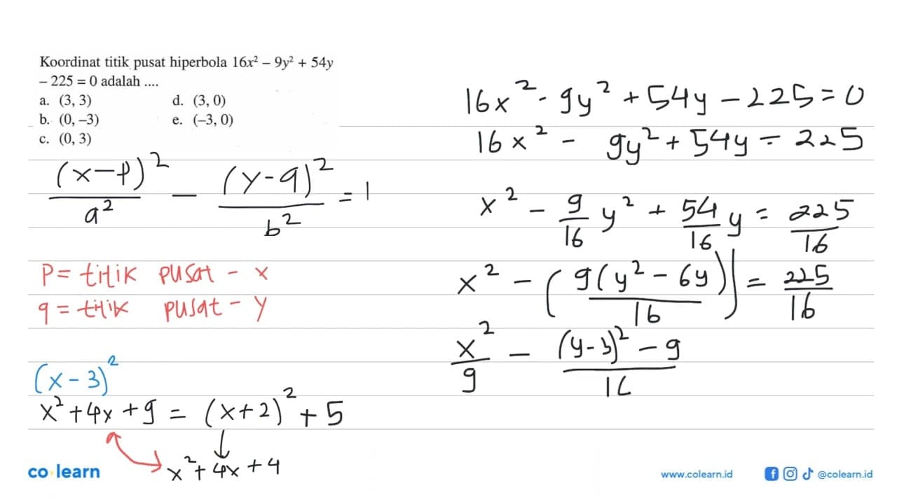 Koordinat titik pusat hiperbola 16x^2-9y^2+54y-225=0