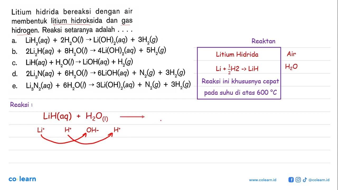 Litium hidrida bereaksi dengan air membentuk litium