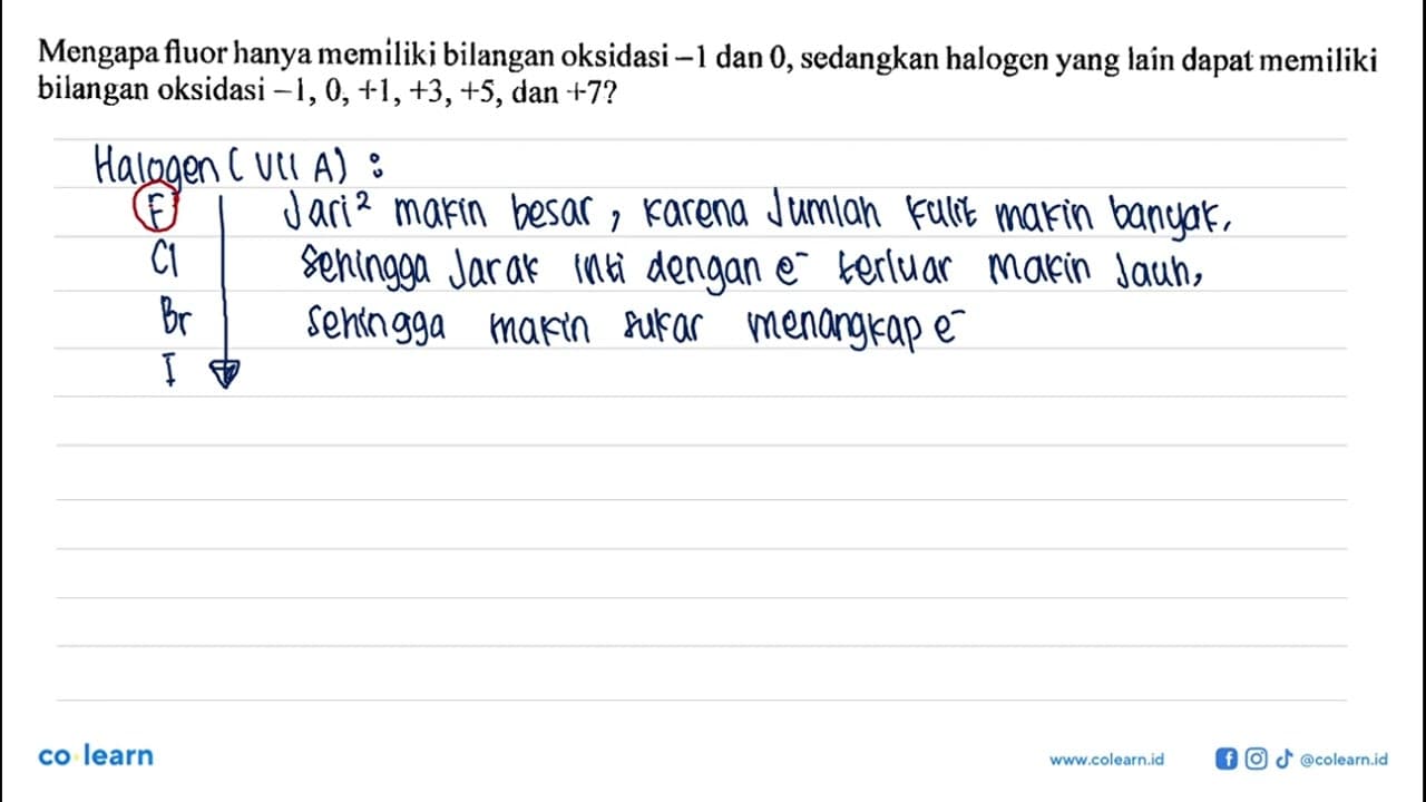 Mengapa fluor hanya memiliki bilangan oksidasi -1 dan 0,