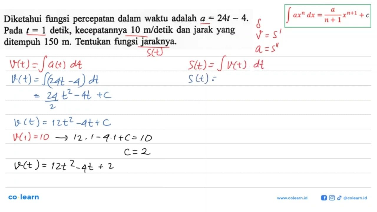 Diketahui fungsi percepatan dalam waktu adalah a=24t-4.