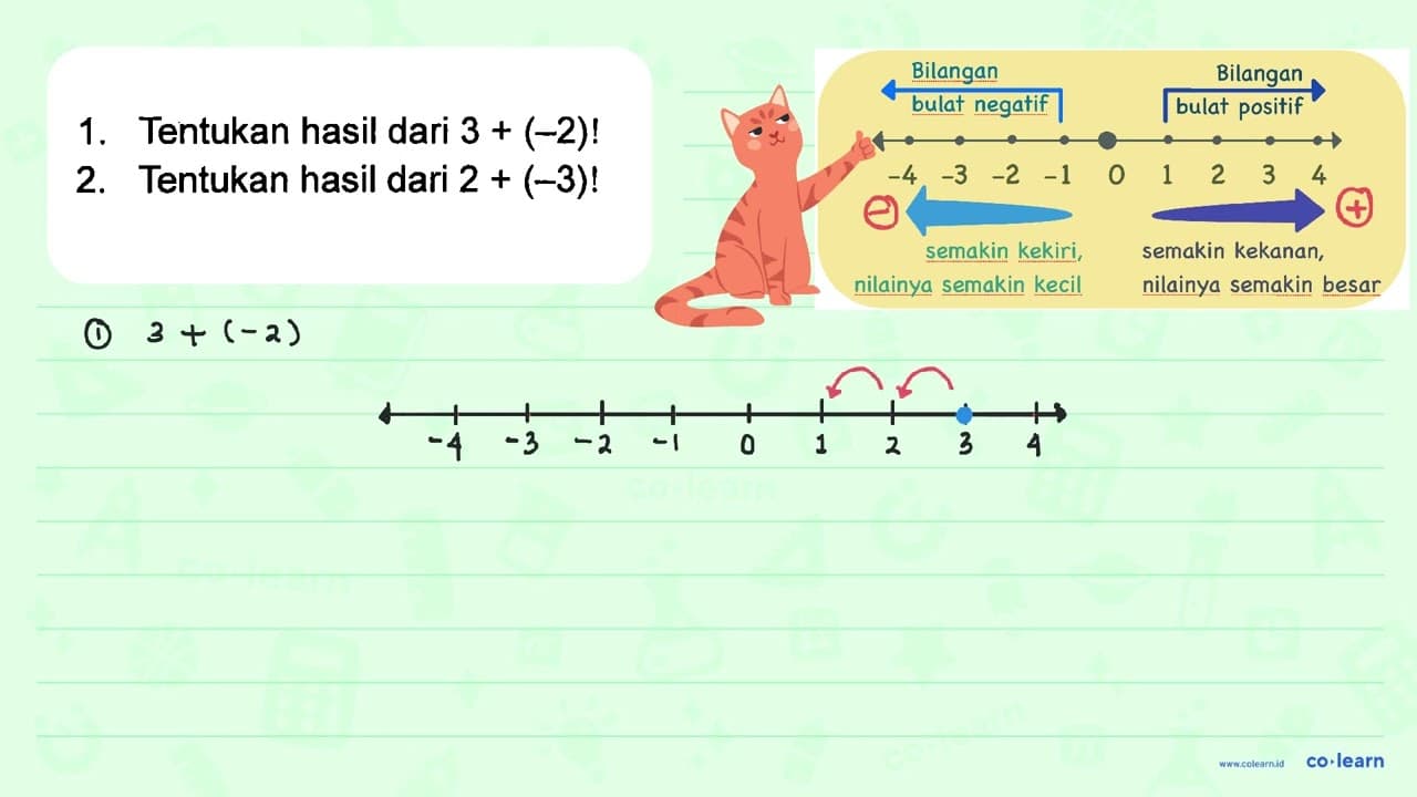 1. Tentukan hasil dari 3 + (-2)! 2. Tentukan hasil dari 2 +