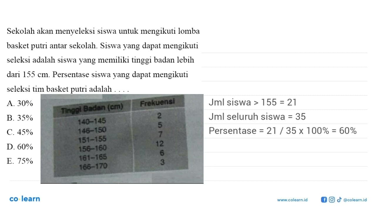 Tinggi Badan (cm) Frekuensi 140 - 145 2 146 - 150 5 151 -